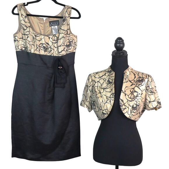 Alex Evenings Champagne Gold & Black Mini satin Dress & Bolero Jacket Set 6 - Picture 1 of 8